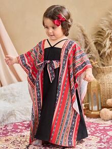 SHEIN 红色花卉图案两件套儿童阿拉伯长袍，优雅复古花卉刺绣，女婴休闲简约传统长袖阿拉伯连衣裙，适合春夏穿着，优雅端庄长袖连衣裙，祈祷长袍，舒适休闲，休闲穿着，度假风，端庄卡夫坦长袍，女婴长袍，女婴长袍 - 黑色 - 查看 9