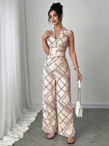 Elenzga Bộ áo liền quần không tay in họa tiết hình học dành cho nữ, áo liền quần mùa hè thanh lịch, trang phục thường ngày cho nữ. - Đỏ - Xem 3