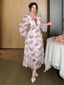 DAZY Spring Women's Elegant Floral Patchwork Lantern Sleeve Mid-Length Dress