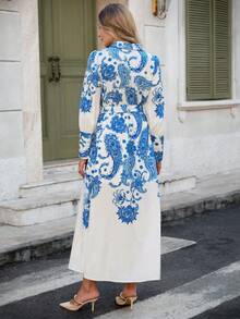 Louniche 女士春季休闲蓝白印花波西米亚风立领收腰灯笼袖长连衣裙 - 藍白色 - 查看 2