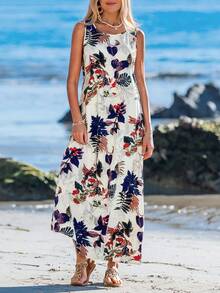 Sylviya Robe débardeur longue sans manches pour femme imprimée de plantes tropicales, idéale pour les vacances d"été - Nude - Voir 3