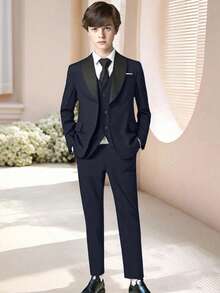 SHEIN 3 件套青少年男孩绅士西装套装：休闲西装外套 + 背心 + 长裤，适合生日派对、晚会、婚礼、洗礼、周年纪念的优雅服装 - 藏蓝色 - 查看 4