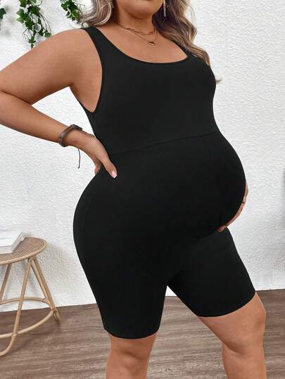 SHEIN Maternity Plus Size Solid Color Round Neck Sleeveless Jumpsuit, Summer