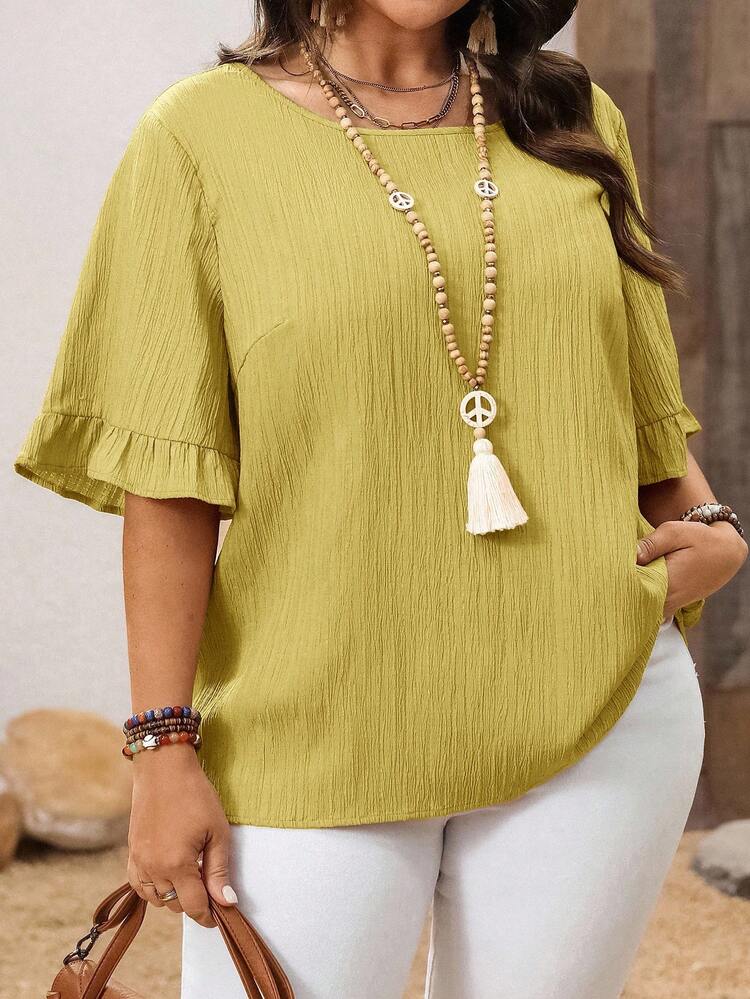 Große Größen Kurzarm einfache Mode Casual Alltag Urlaub Frühling Sommer Bluse, Westernmode, Frühling/Sommer Blusen für Damen in Große Größen, einfarbige Oberteile Bluse mit Rüschenärmeln Urlaub