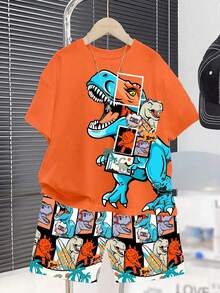 SHEIN 青少年男孩休闲时尚酷炫恐龙图案印花短袖圆领 T 恤，2 件恐龙设计套装适合夏季 - 彩色 - 查看 2