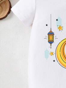Ramadan Baby Boy Comfortable Short Sleeve Romper, Suitable For Parties And Gatherings, Moon Lantern 1st Birthday Pattern, Lightweight And Comfortable For Spring/Summer, Fashionable Casual Wear For Spring/Summer, Street Style, Outdoor Picnics, Festivals, Gifts - White - View 5