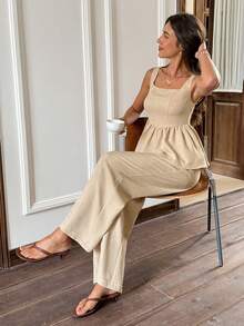 Serisse 女士夏季休闲度假风纯色方领娃娃衫上衣和阔腿裤两件套 - 杏色 - 查看 2