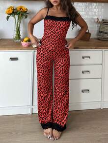 SweetSlumber Sweet Ins Colorblock Leopard Print & Lace Patchwork Women Pajama Set - black red - View 4