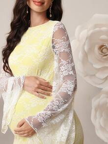 SHEIN Pregnant Women's Contrast Color Patchwork Flare Sleeve Lace Dress Maternity Dress Photoshoot Dress Yellow Maternity Dress Baby Shower Light Yellow Dress Women Banquet Dresses For Women Luxury Dress For Women - Yellow - View 6