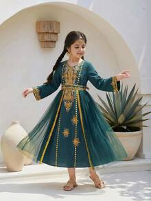 SHEIN Tween Girl Dark Green Olive Green Dress,Gold Floral Print,Sheer Mesh Skirt Panel,Matching Belt,Autumn,Elegant,Wedding,Cultural Celebration Formal - Army Green - View 3