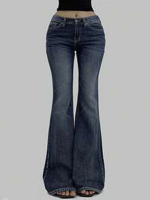 DAZY 复古低腰喇叭牛仔裤，时尚显瘦，适合女性 - 藍色 - 查看 3