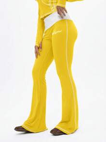 BABYPHAT Quần legging ống loe phối màu tương phản, cạp cao, viền ren, kiểu quần chuông. - Vàng nhạt - Xem 3