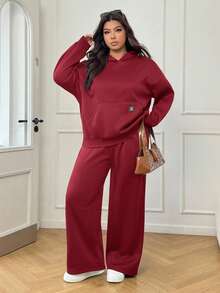 Solflare 大码酒红色连帽衫套装，长袖卫衣和裤子两件套 - 酒紅色 - 查看 5