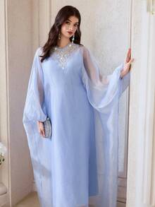 Al Najma Đầm maxi dài kiểu Thổ Nhĩ Kỳ cổ điển màu xanh nhạt dành cho nữ, áo choàng dài truyền thống Ả Rập. - Màu xanh lam - Xem 3