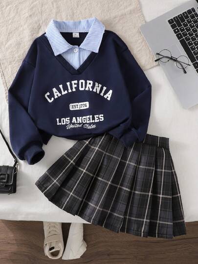 SHEIN 少女时尚宽松休闲翻领上衣（二合一）+条纹格纹百搭A字裙，校园风