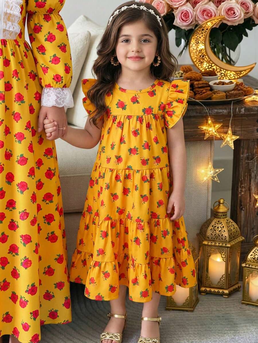 SHEIN Kleine Mädchen Urlaubs Lässig Muster Udan Rose Kleid