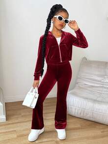 Tween Girl Tween Velvet Rhinestone Kangaroo Pocket Hooded Zip-Up Sweatshirt And Slim Flare Pants Casual Elegant 2 Pieces Set, Girls Lounge Set, 2 Piece Pants Set, 2 Piece Woman Set, Burgundy Outfit Girls - Burgundy - View 2