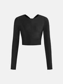 Tween Girl Fashion Knit Casual Soft Backless Criss-Cross Thumb Hole Long Sleeve T-Shirt Black Autumn Pilates Active Wear Cut Out Back Crop Top, Tween Girl - Black - View 2