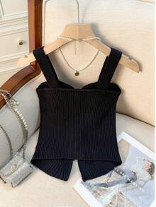 Franclia Women's Fashion Versatile Camisole Bow Knit Top - Black - View 2