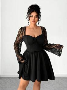 Elenzga Vestido de talla grande con mangas acampanadas, cuello en forma de corazón y cintura con lazo de unicolor - Negro - Ver 3