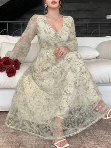 DAZY 春夏休闲修身度假风欧根纱亮片优雅新年圣诞婚礼派对宴会舞会礼服，V领印花网纱拼接长款连衣裙 - 薄荷綠 - 查看 8