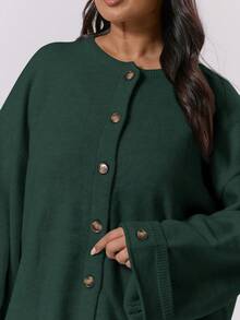 MUSERA 大码宽松版型袖口细节纽扣开襟蓬松针织开衫，可爱性感街头风，适合夜间外出，曲线优美，春季百搭 - 墨綠色 - 查看 2