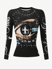 INAWLY Slogan & Eye Graphic Print Women Long Sleeve Fitted Crew Neck T-Shirt - Multicolor - View 3