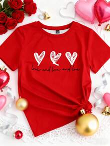 Manfinity Homme 男女通用加大码情人节爱心手绘图案红色圆领短袖T恤 - 彩色 - 查看 3