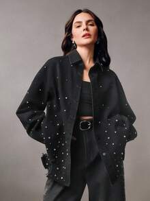 Anewsta 女士时尚魅力性感水钻浪漫派对度假黑色下摆做旧长袖衬衫 - 黑色 - 查看 1