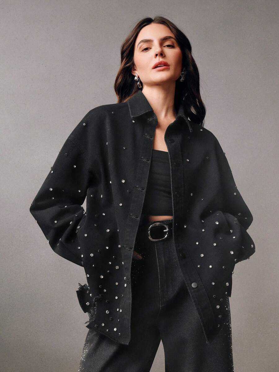 Anewsta 女士时尚魅力性感水钻浪漫派对度假黑色下摆做旧长袖衬衫 - 黑色 - 查看 1