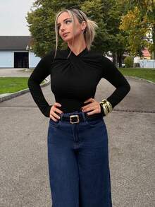 Jeta Ari 春夏优雅性感连体衣，现代时尚百搭红色褶皱领口紧身长袖紧身衣，休闲家居服和日常服装 - 黑色 - 查看 5