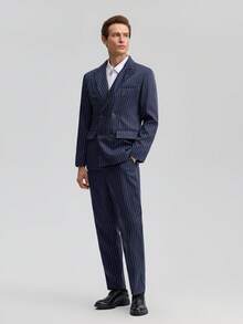 Officeau 男士两件套西装，条纹双排扣西装外套和西裤，正式商务、婚礼、派对、宴会等场合，春夏皆宜 - 藏蓝色 - 查看 4