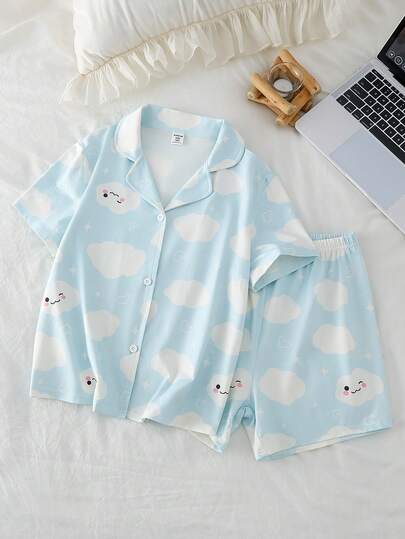 2 piezas Conjunto de pijama de niña con top de cárdigan de manga corta y pantalones cortos con estampado de nubes azules, cómodo y transpirable, resistente a las llamas, ropa de casa elegante y casual