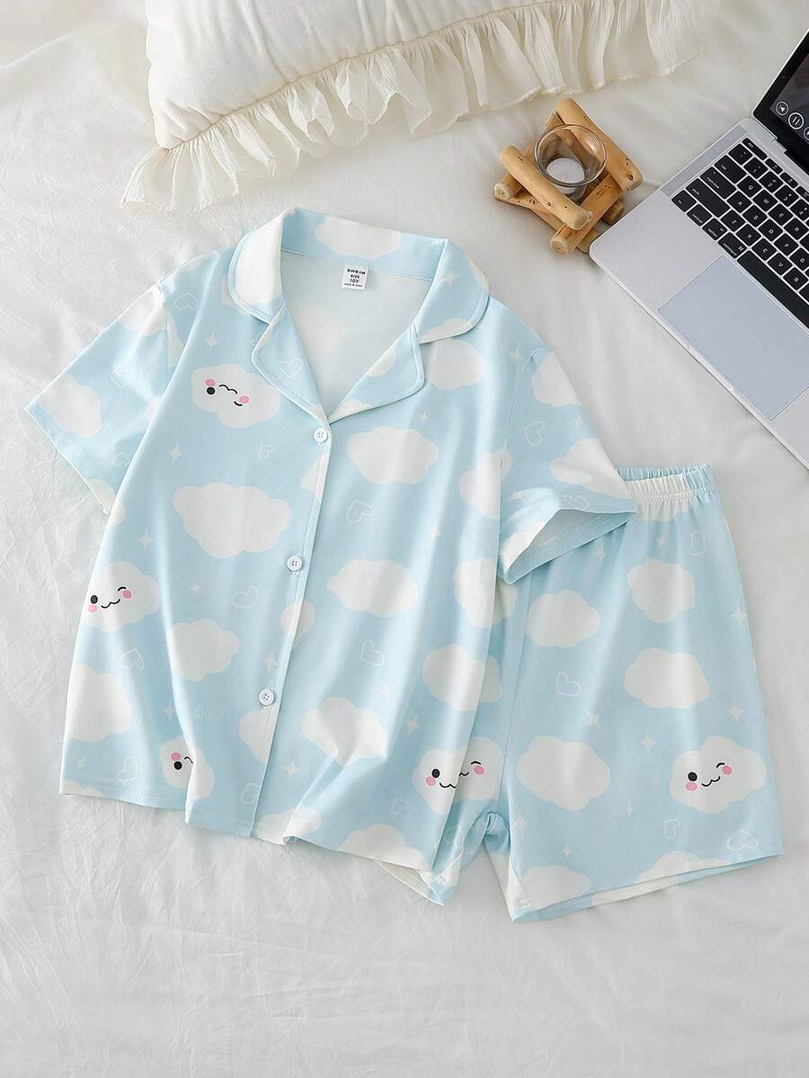 2件套女童可爱优雅休闲舒适柔软透气蓝色云朵卡通印花开衫短袖上衣和短裤睡衣套装，阻燃家居服 - 淺藍色 - 查看 1