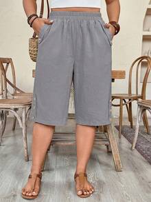 EMERY ROSE Plus Size Women Elastic Waist Side Pockets Rivet Decor Casual Bermuda Shorts - Grey - View 4