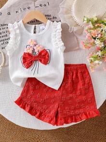 SHEIN Elladie kids 女童（小号）针织提花象牙色荷叶边背心上衣和红色荷叶边短裤套装，可爱迷人的宝宝夏季服装 - 紅色 - 查看 3