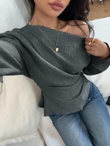 Women's Solid Color Asymmetric Hem Fashionable Versatile Date Night Long Sleeve Top One Shoulder Top - Grey - View 6
