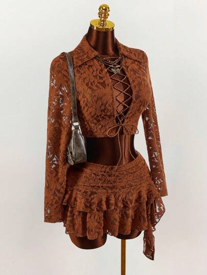 Amplova 2 pièces Top vintage ajouré et mini-jupe à volants taille super basse, sexy et avant-gardiste