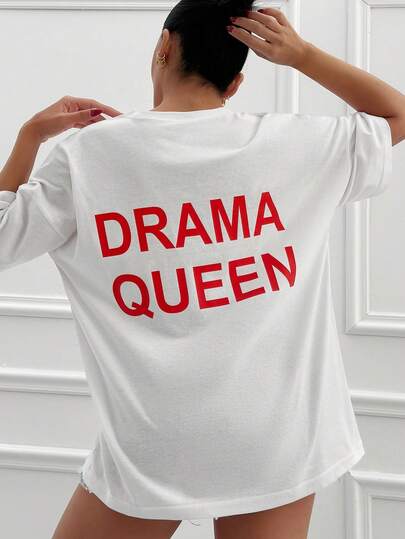 Cloudara Oversize Statement Tee, Bold Red Print, "Drama Queen" Slogan, White T-Shirt, Loose Fit, Streetwear Style, Graphic Back Print, Comfortable Cotton