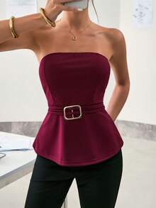 Ritzy Row Women's Solid Color Bandeau Top With Metal Decor, Fashionable & Versatile For Dates, Parties - Burgundy - View 8