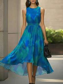 Balvessa Sleeveless Round Neck Ink Gradient Digital Print Belted Waist Bowknot Maxi Dress For Women - Multicolor - View 1