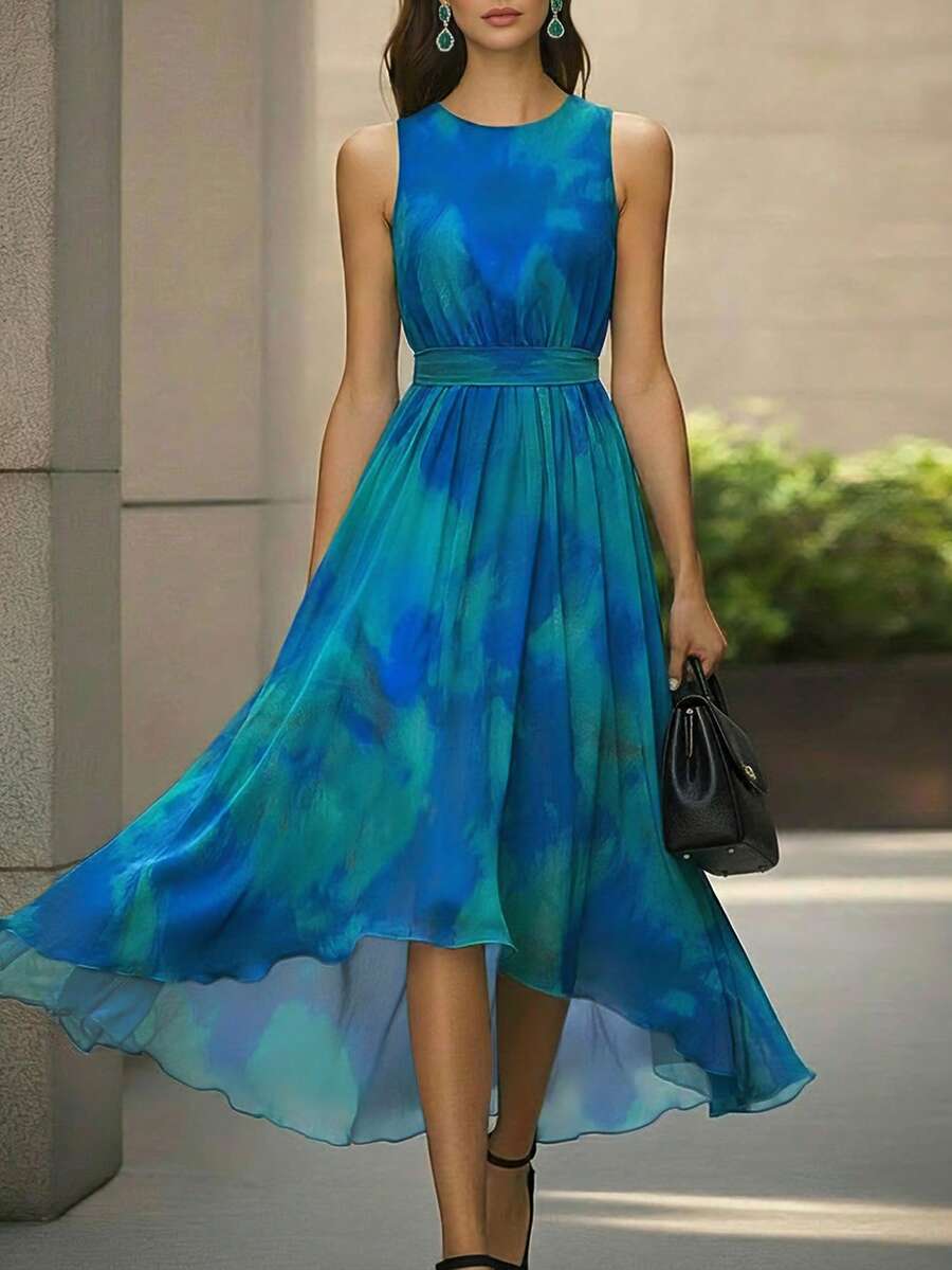 Balvessa Sleeveless Round Neck Ink Gradient Digital Print Belted Waist Bowknot Maxi Dress For Women - Multicolor - View 1