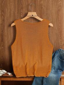 Franclia 女士镂空几何图案V领无袖休闲针织上衣 - 鵝黃色 - 查看 2