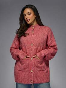 MISSGUIDED Áo khoác cardigan dệt kim dày dặn, cài cúc phía trước, cổ cao giả và viền gân, thích hợp để mặc nhiều lớp vào mùa thu đông. - Đỏ - Xem 5