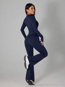SHEIN PETITE 2pcs Women Casual Navy Blue Long Sleeve Top And Flare Pants Set - Navy Blue - View 2