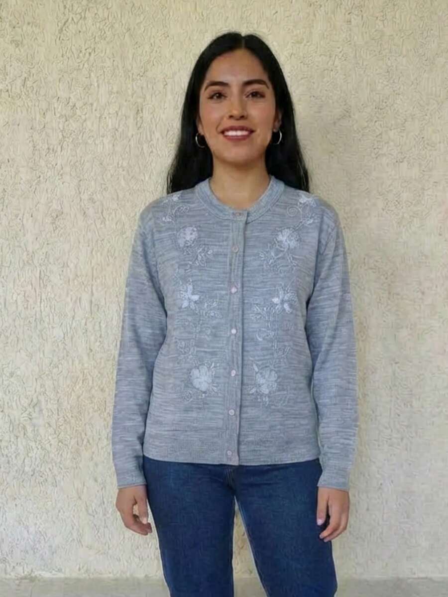 Women's Soft Sweater With Colorful Flower Embroidery - Grey - View 1