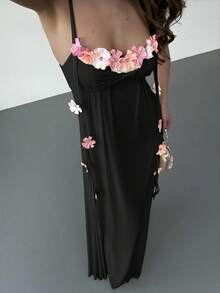 Aloruh 女士优雅3D立体花卉装饰无袖连衣裙 - 黑色 - 查看 6