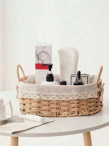 1个/2个装纸编织带提手收纳篮，桌面收纳篮，桌面整理篮，甜美蕾丝装饰篮，化妆品及钥匙遥控器收纳盒，零食杂物整理篮，衣物玩具收纳篮（带提手），柳条编织篮，万圣节及圣诞节礼物，收纳篮 - 卡其色 - 查看 7