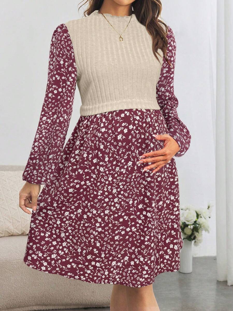 SHEIN 孕妇法式碎花灯笼袖连衣裙，长袖女式连衣裙，适合秋季穿着 - 酒紅色 - 查看 1