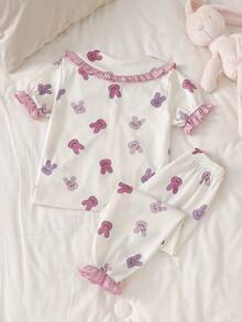 2pcs/Set Toddler Girls Cute Rabbit Print Elegant Ruffle Collar Lantern Sleeve Short Sleeve Cardigan Top And Casual Pants Homewear Set Girls Bunny Pajamas Ruffle Pajamas Girls Sleepwear Cute Sleepwear Pajama Set - Apricot - View 2